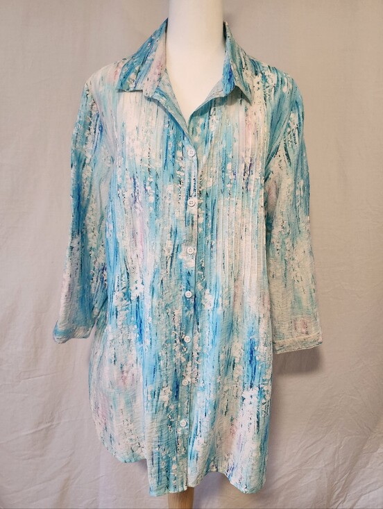 Alison Sheri Tops - Alison Sheri Designed With Love  Brushstroke Blouse, Aqua, White & Pink Hues